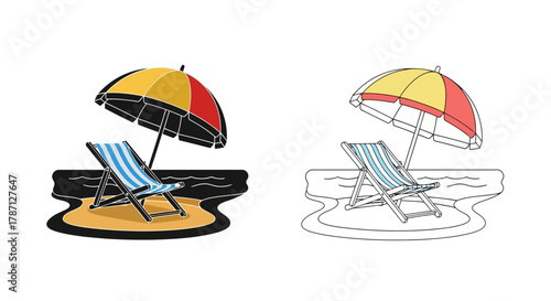 Beach umbrellas and lounge chairs in color and monochrome illustration