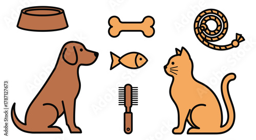 Cute dog and cat with toys, food, and grooming items