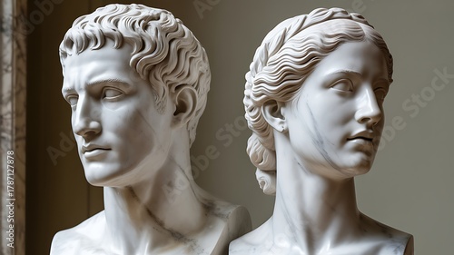 Detailed close-up of marble sculptures depicting classic male and female figures photo