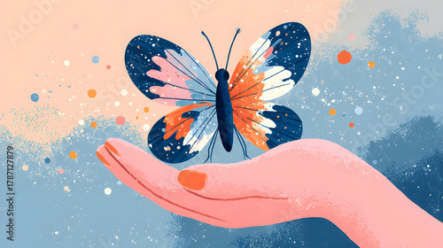 Isolated white background macro image showing a beautiful monarch butterfly with orange and black wings flying onto a hand