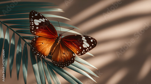 Beautiful monarch butterfly, an orange insect, flying close-up on a flower in a summer garden