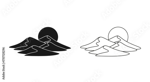 Two mountain silhouettes one filled and one outlined in a minimalist style