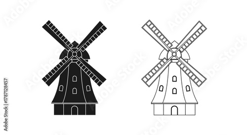 Two detailed black and white illustrations of medieval castles with flags