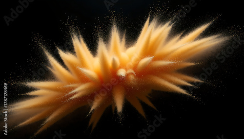 Yellow Powder Explosion with Dynamic Dust Particles Against Black Background