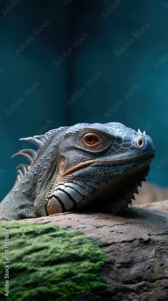 Fototapeta premium Photorealistic close-up vertical shot of an iguana's face, partially hidden behind a mossy log, showing one dark brown eye and top of head with ears peeking over the edge. A single spotlight