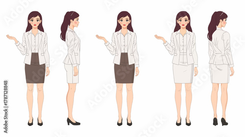 A vector illustration showcases a stylish businesswoman in various poses, perfect for presentations, advertising, and corporate projects, dressed in professional attire.