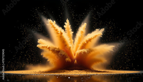 Yellow Powder Explosion with Dynamic Dust Particles Against Black Background