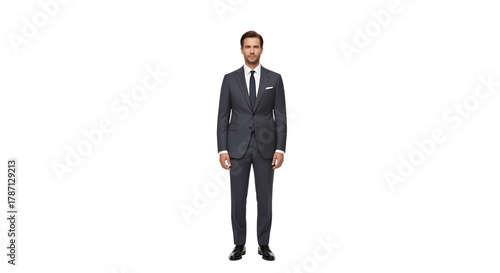 A man in a dark grey suit, white shirt, and black tie, standing and posing