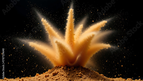 Yellow Powder Explosion with Dynamic Dust Particles Against Black Background