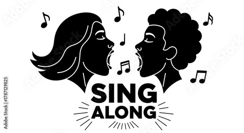 Joyful duet singing together with musical notes and vibrant energy