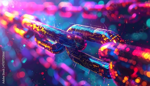 Close-up of a digital chain glowing with colorful, futuristic energy