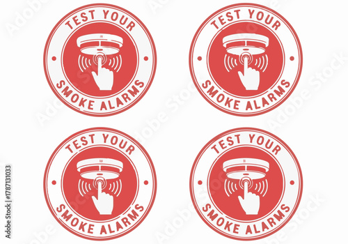 Test Your Smoke Alarms graphic badge vector set, fire safety inspection and reminder sticker on white background