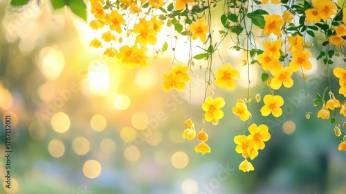 Delicate yellow blooms hang low, glowing in warm garden sunset light with rich bokeh background