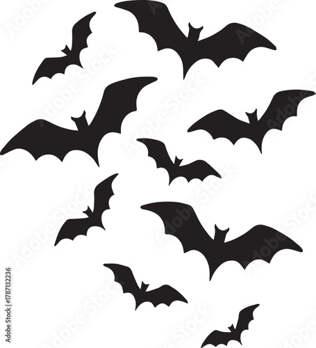 Shadowy Swarm of the Night: A gathering of silhouettes takes flight, the ominous forms of bats dancing against the twilight. Perfect for spooky themed concepts and more.