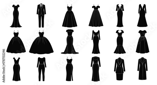 Elegant formal wear silhouettes for women and men, showcasing styles