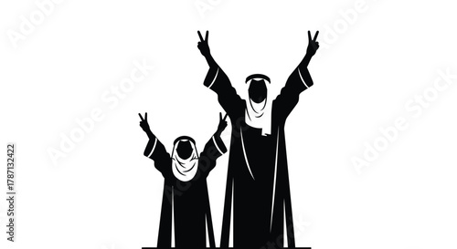 Two people celebrating with victory signs, symbolizing success and unity