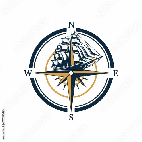 Sailing Ship within a Compass Rose Nautical Design.
