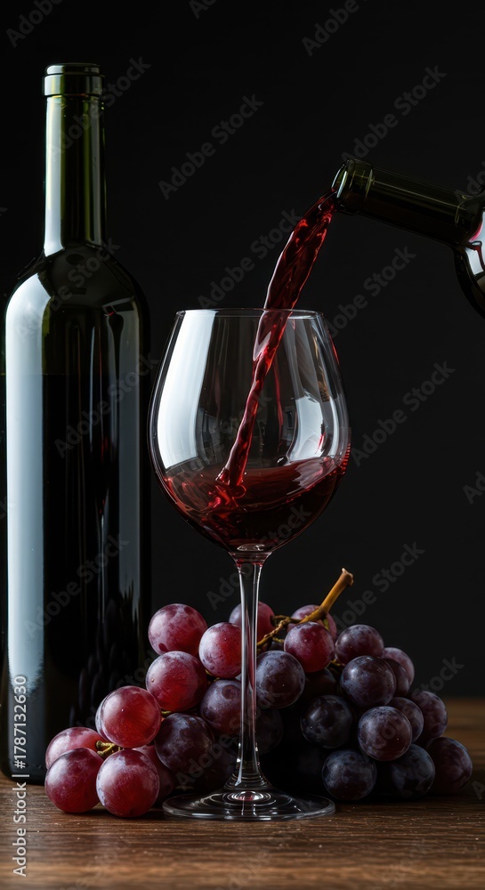 Obraz premium Delicious red wine poured into a glass next to ripe purple grapes, symbolizing the harvest process and vintage quality, elegant, grapes, glass