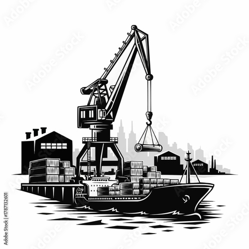 Cargo Ship Loading and Unloading with Crane at Port.