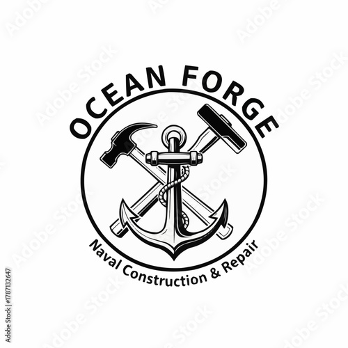 Ocean Forge Naval Construction and Repair Logo with Anchor and Hammers.