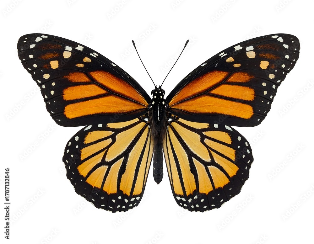 Fototapeta premium Vibrant close-up of a monarch butterfly with black, orange, and white patterns