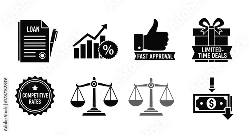 Business finance icons for loans, deals, rates, and approvals.