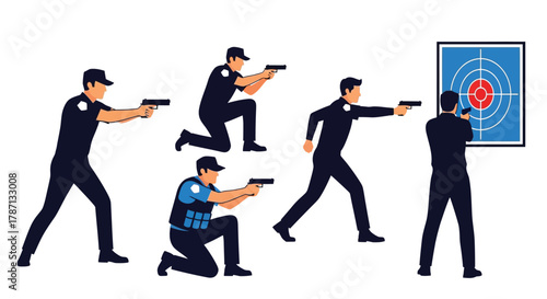 Police officers practice tactical shooting drills in dynamic action poses.