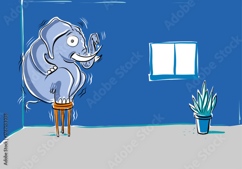 The classic metaphor of an elephant in the room in a cartoon comical style illustration.