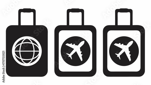 Global travel concept showcasing three suitcases with plane and globe icons, ideal for tourism marketing, emphasizing worldwide destinations and travel planning