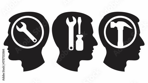 Skilled minds conceptual illustration: A trio of silhouettes showcase tools within heads, representing expertise, problem-solving, and innovative thought processes