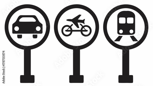 Streamlined transportation icons showcasing car, plane on bicycle, and train for modern travel and logistics solutions, originally designed as scalable vector graphics