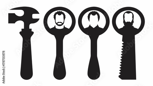 Dynamic construction tools forming silhouette portraits, representing craftsmanship, skill, and building a legacy through generations of skilled workers