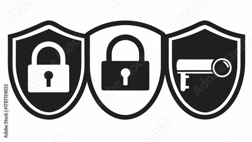 Elegant vector shield icons featuring key, lock, and security symbol for modern cybersecurity protection, ideal for business websites and data privacy designs
