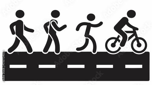 Modern vector art shows safe street for pedestrians, running, and cycling, promoting healthy lifestyle and urban mobility in a minimalist design