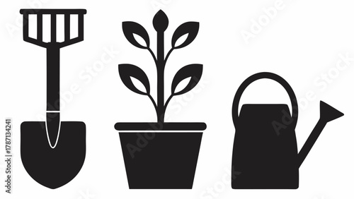 Cultivate Your Dreams Black and White Gardening Icons Featuring Shovel, Plant, and Watering Can for Springtime Projects and Sustainable Living Designs
