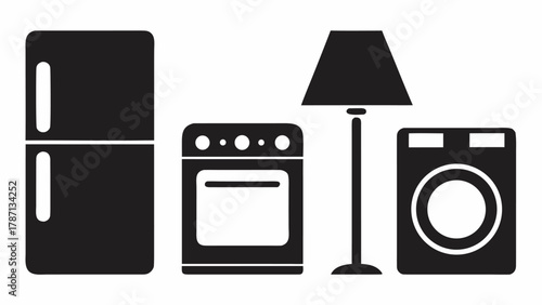 Modern home appliances with refrigerator, oven, washing machine, and lamp for contemporary living, perfect for minimalist design concepts and home renovation projects