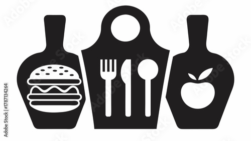 Modern food delivery service concept with burger, apple, and cutlery icons, a simple, clean design perfect for restaurant branding and online ordering platforms