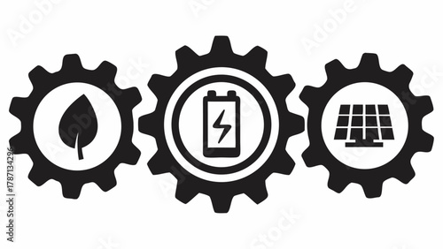 Sustainable technology solutions with leaf, battery, and solar panel icons within gears, representing renewable energy and eco-friendly engineering innovations