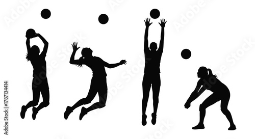 Dynamic volleyball players in action, ready to serve, spike, and block