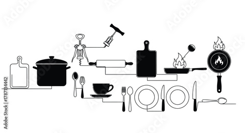 Modern kitchen essentials and cooking tools displayed in a clean layout