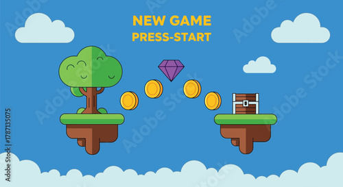 New game press start game asset treasure coins diamond tree clouds