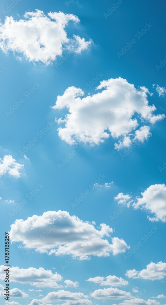Naklejka premium A beautiful, vast expanse of bright blue sky filled with scattered white, fluffy clouds on a sunny, perfect day ,stratus ,cloud ,serenity