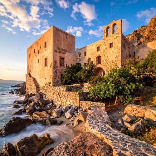 Ancient stone building on rocky coast during golden sunset light