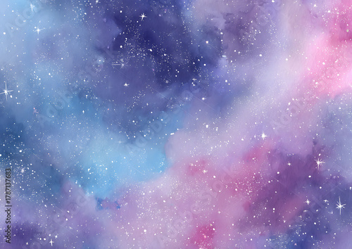 Fantasy watercolor starry sky background with glowing purple and blue tones, glittering stars, and soft pink clouds in dreamy celestial atmosphere.