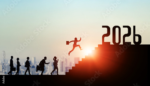 People running up the stairs to 2026. 2026 New Year concept. New year's card 2026.