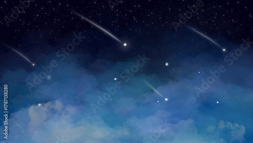 Soft dreamy night sky with shooting stars, glowing stardust and watercolor clouds. Celestial galaxy background for posters, wallpapers, print, and magical design themes.
