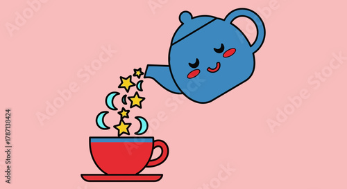 Cute teapot pours stars and moons into a red teacup for sweet dreams