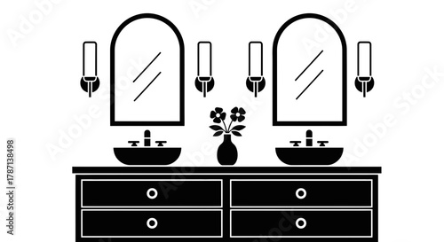 Modern double vanity with arched mirrors and elegant sconces