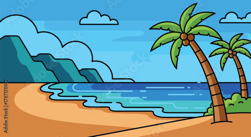 Vibrant tropical beach paradise with palm trees and blue ocean waves