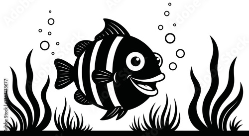 Happy cartoon fish swimming among seaweed and bubbles underwater